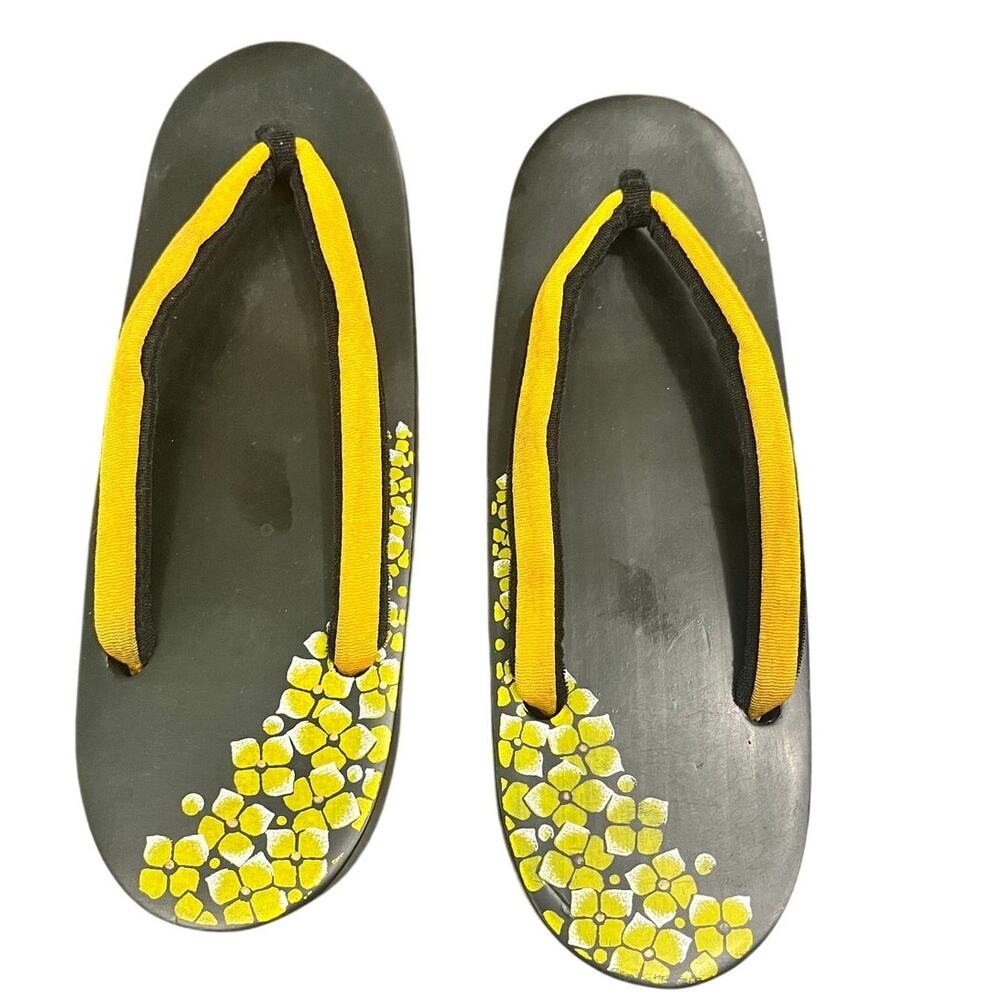 Vintage Yamabuki Yellow Floral Japanese Lacquer Kimono Geta Sandals Shoes Womens